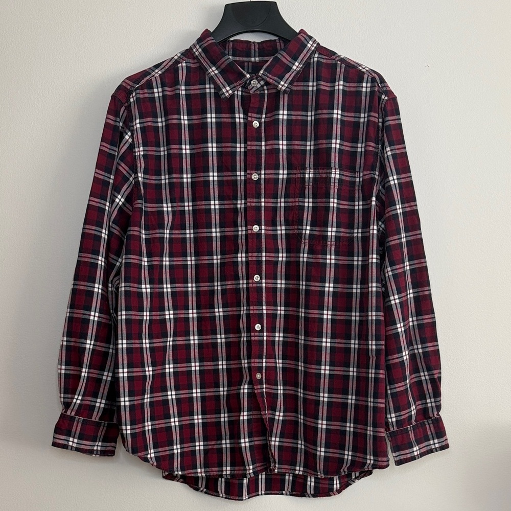 Faded Glory Red and Navy Blue Plaid Button-Down Shirt